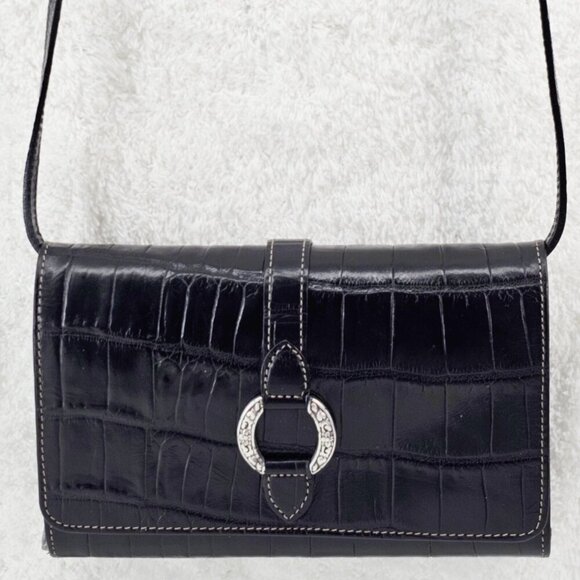 BRIGHTON Black Croco Embossed Leather Organizer Crossbody Silverplate Hardware - Picture 1 of 11